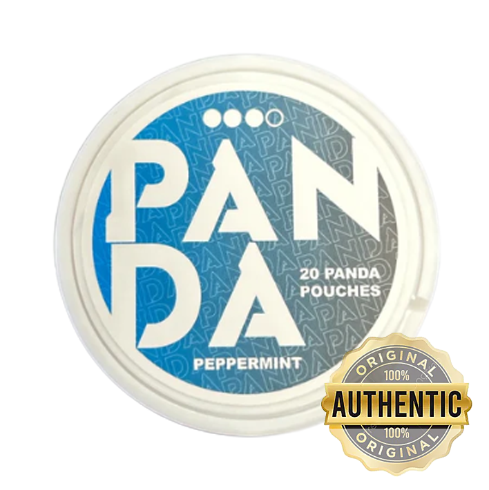 Panda peppermint pouch container with blue label and 'Authentic' stamp on a white background