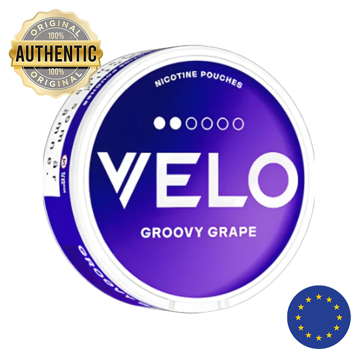 Velo nicotine pouch container with 'Groovy Grape' flavor on a white background
