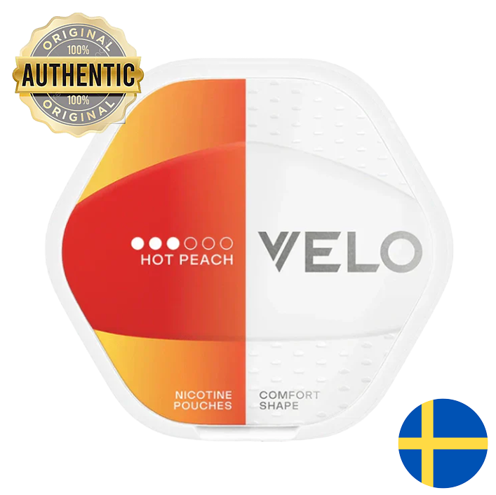 VELO nicotine pouches packaging with 'Hot Peach' flavor on a white background