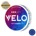 Velo Nicotine Pouches container with colorful design and 'Authentic' label on a white background