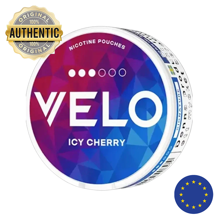 Velo Nicotine Pouches container with colorful design and 'Authentic' label on a white background