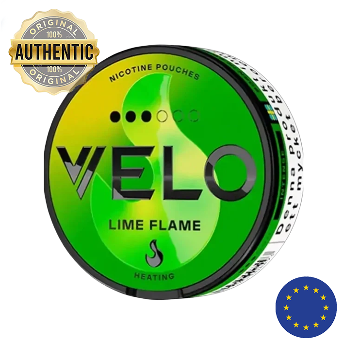 Green and yellow nicotine pouch container with 'VELO Lime Flame' branding, Authentic badge, and EU logo on a white background.