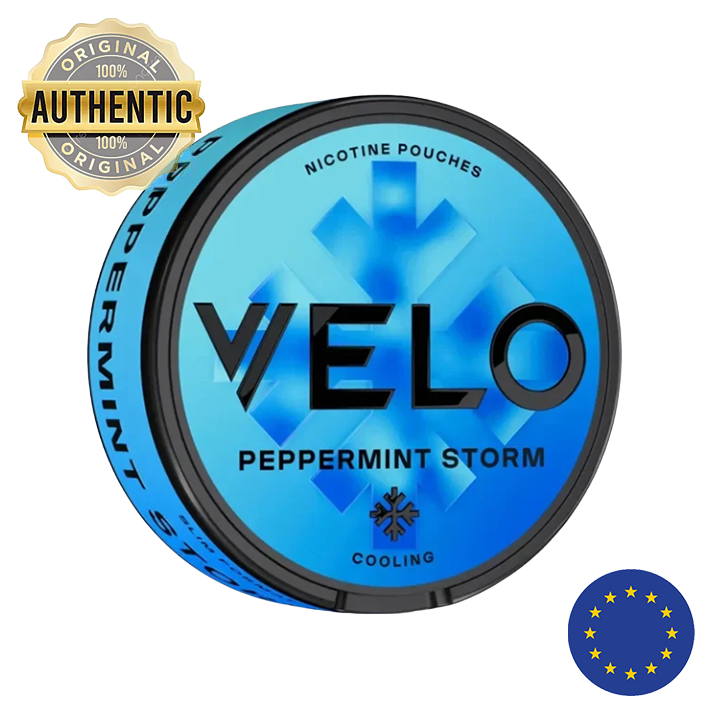 Blue nicotine pouch container with 'VELO' branding on a white background