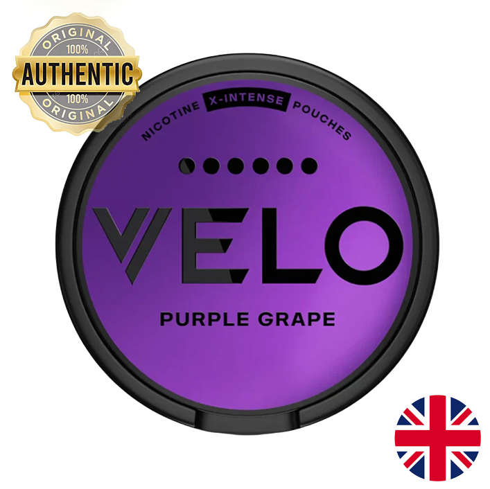 Purple nicotine pouch container with 'VELO' branding and a gold 'Authentic' badge on a white background.