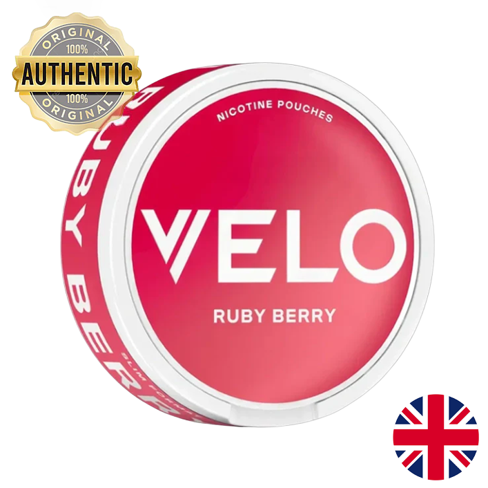 Red Velo nicotine pouch container with 'Ruby Berry' flavor on a white background
