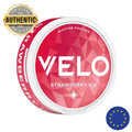 Red container of VELO Strawberry Ice nicotine pouches with 'Authentic' and EU flag badges on a white background.