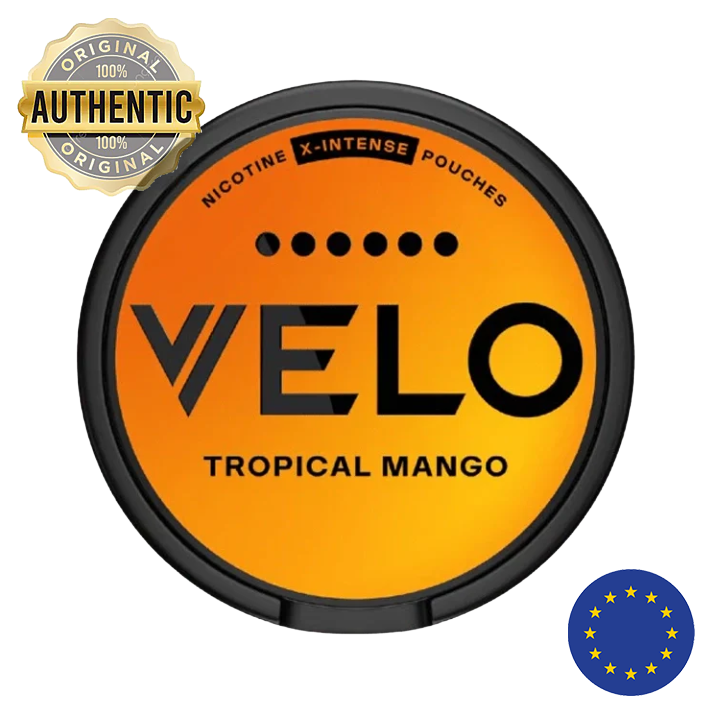 Orange and black nicotine pouch container with 'VELO' branding and 'Tropical Mango' flavor on a white background.