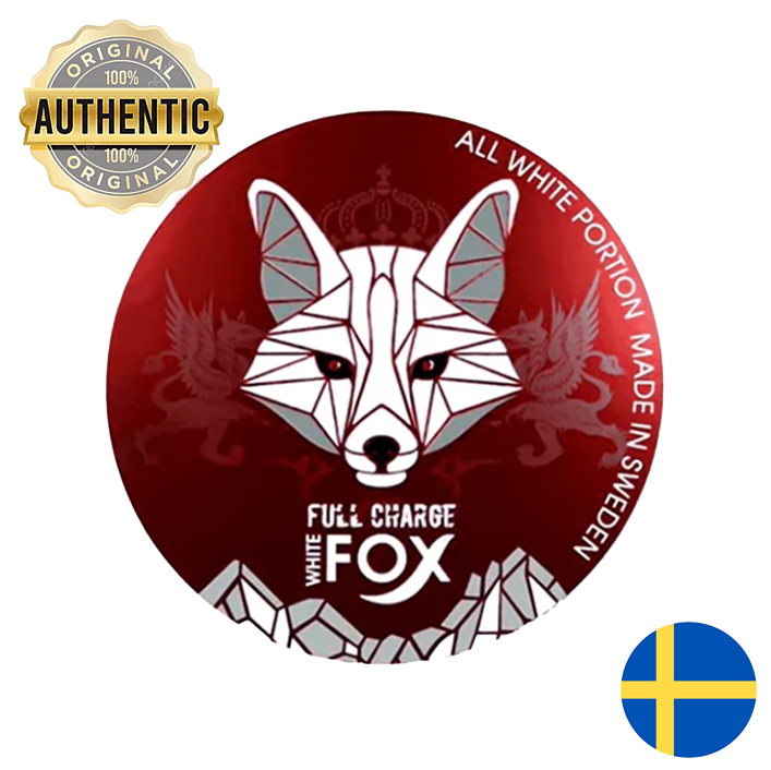 Logo of Full Charge White Fox with geometric fox design on a red background, featuring an 'Authentic' badge and Swedish flag.