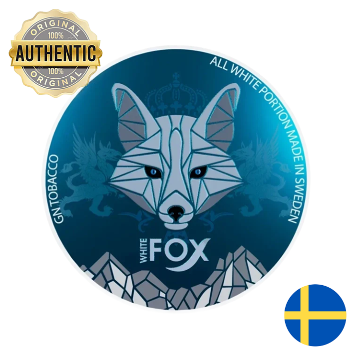Round label with geometric fox design, 'White Fox' branding, and Swedish flag on a blue background.