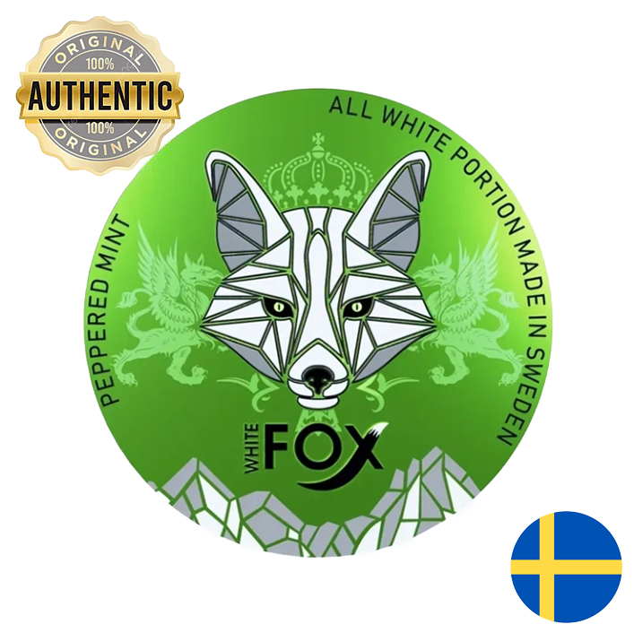 Round label with geometric fox design, 'White Fox' branding, and Swedish flag on a green background.