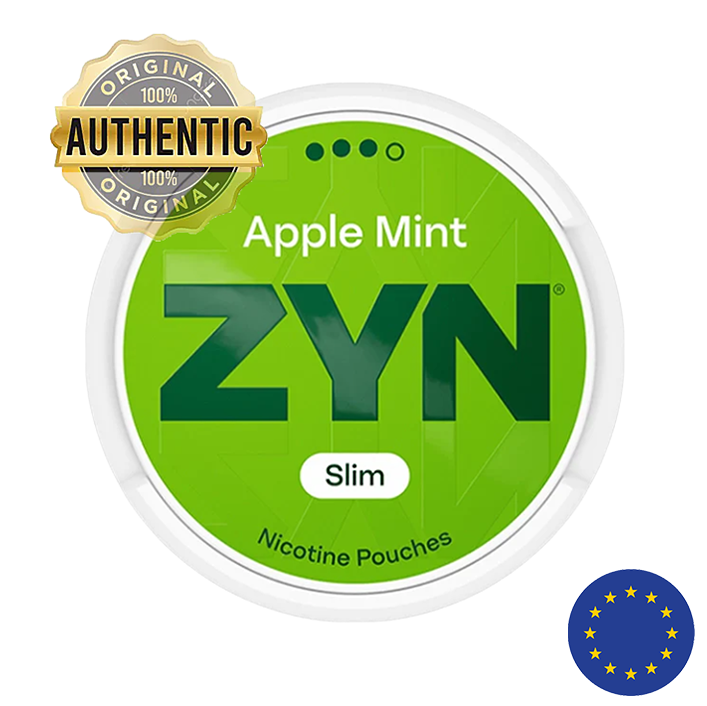 ZYN Apple Mint nicotine pouches packaging with green label and 'Authentic' badge.