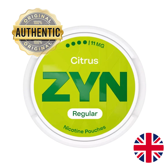 ZYN nicotine pouches packaging with green label and British flag icon