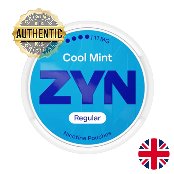 ZYN Cool Mint nicotine pouches packaging with a British flag icon on a white background