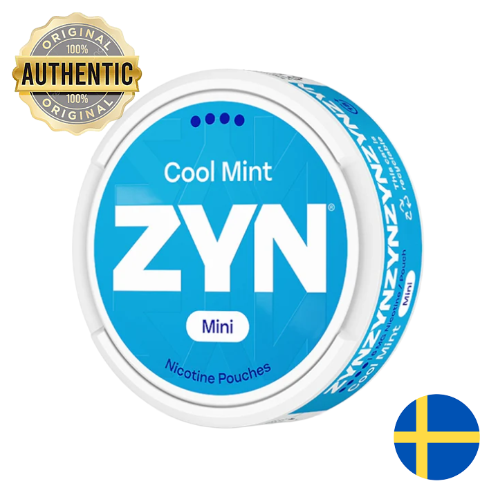ZYN Cool Mint nicotine pouches packaging with 'Authentic' label and Swedish flag.