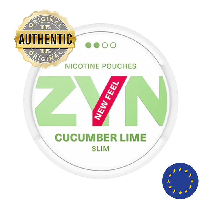 ZYN nicotine pouches packaging with 'Cucumber Lime' flavor on a white background