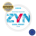 ZYN Cool Frost nicotine pouches packaging with branding and certification badge on a white background