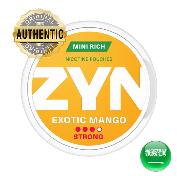 ZYN Exotic Mango nicotine pouches packaging with branding and certification badge.