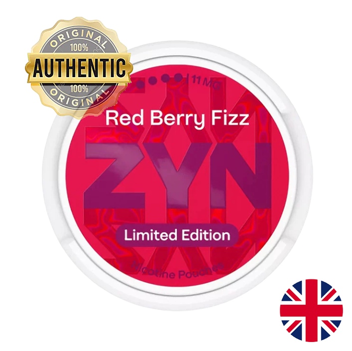 ZYN Red Berry Fizz product packaging with 'Authentic' badge and British flag on a white background